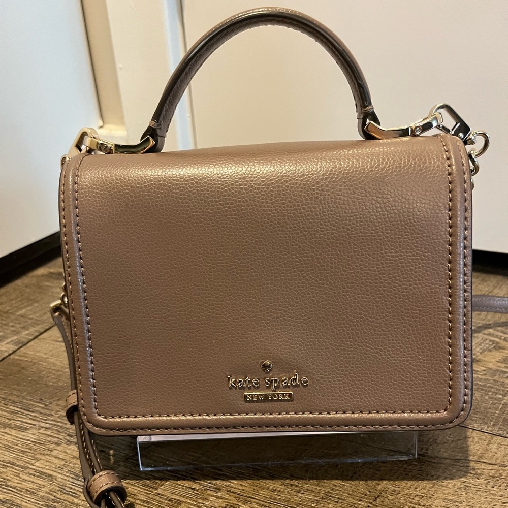kate spade taupe/brown leather crossbody with gold hardare
